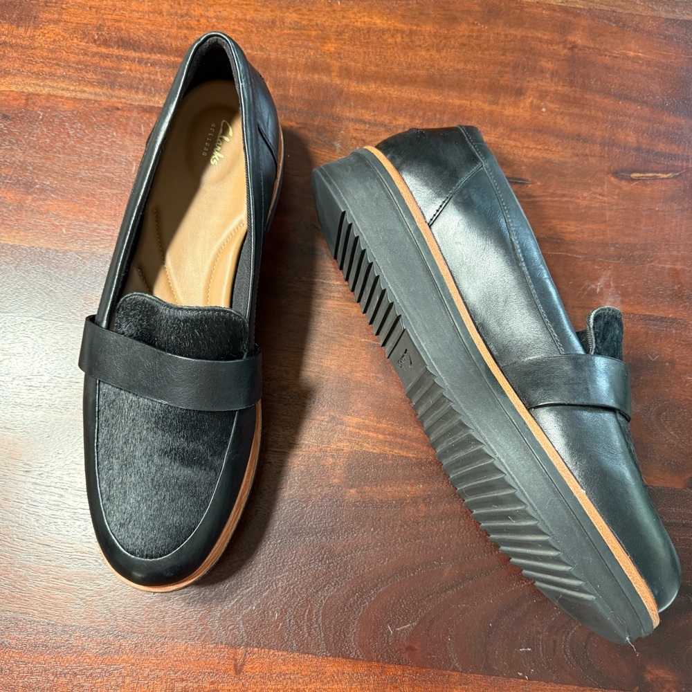 Clarks Black Leather & Haircalf Platform Loafers